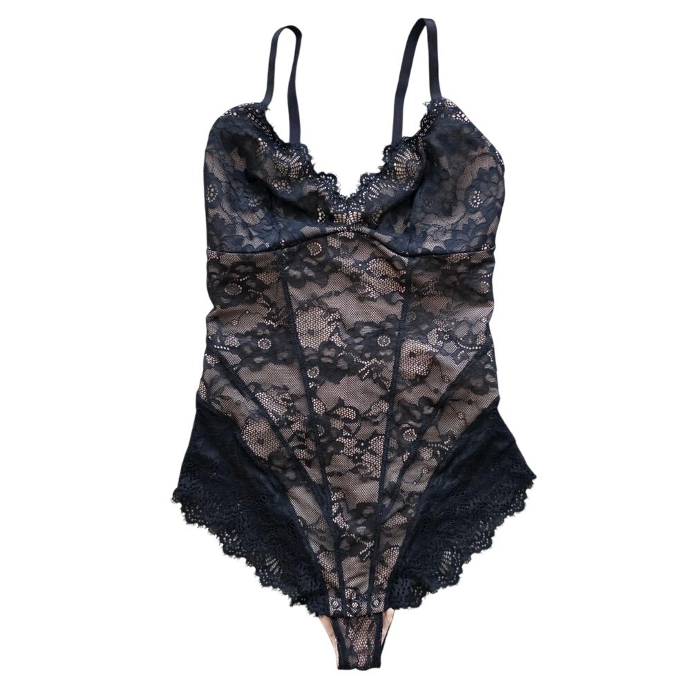 Boutique Black Floral Lace Bodysuit Corset Back Nude Lining Medium